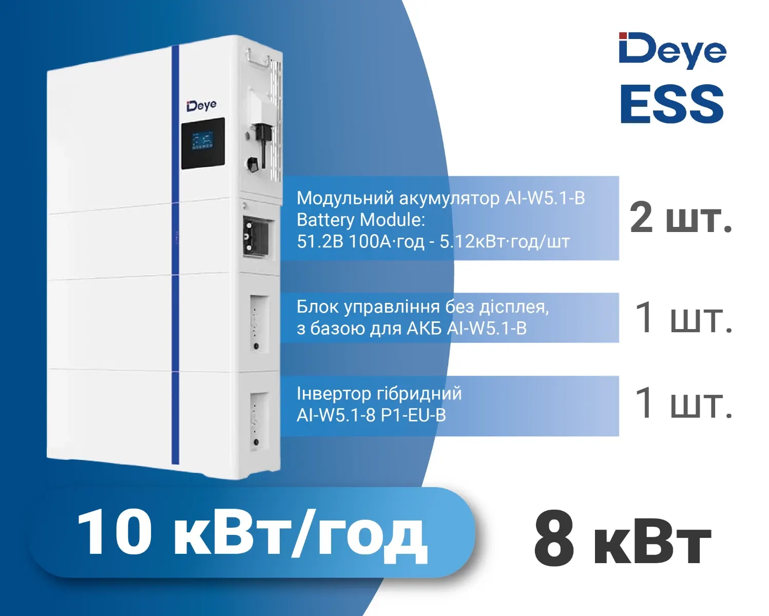 Комплект 3 в 1 Deye AI-W 8 кВт / 10 кВт·год Низьковольтний, 1-фазний