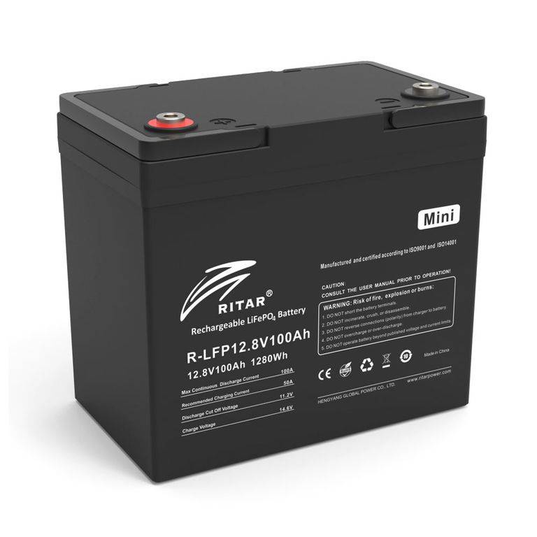 Акумуляторна батарея Ritar LiFePO4 12,8V 100Ah mini, 1280Wh BMS50@4S (229 х 138 х 210 мм), 9.9kg